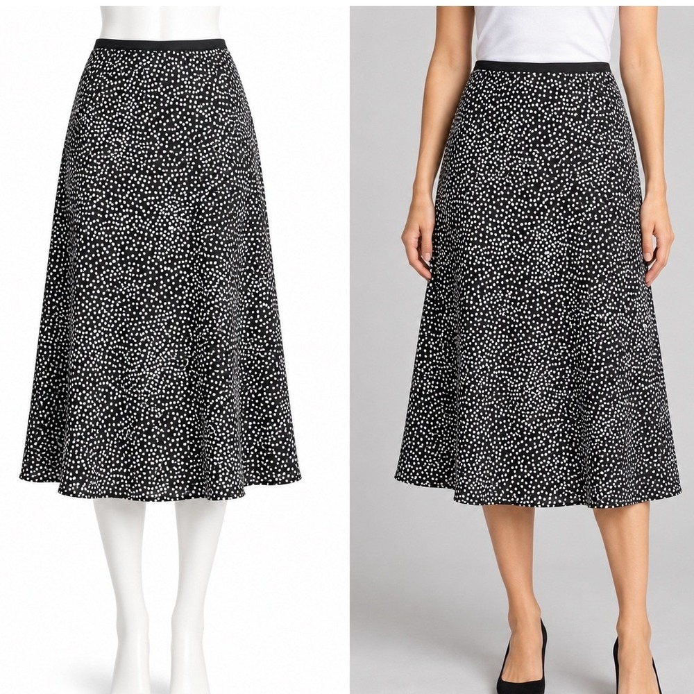 LOFT Midi Skirt Womens XS Black White Polka Dot Satin A-Line Elastic Waist Skirt